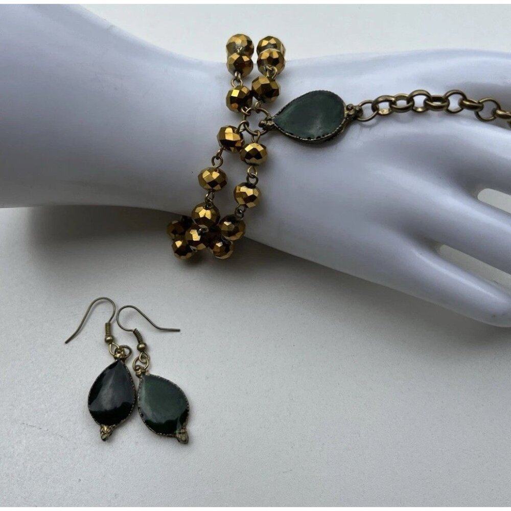 Vintage Green resin earrings bronze resin earrings matching bracelet Sz 7" Glass